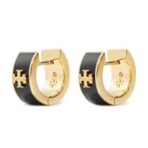Tory Burch Kira Black Enamel Huggie Hoop Earrings